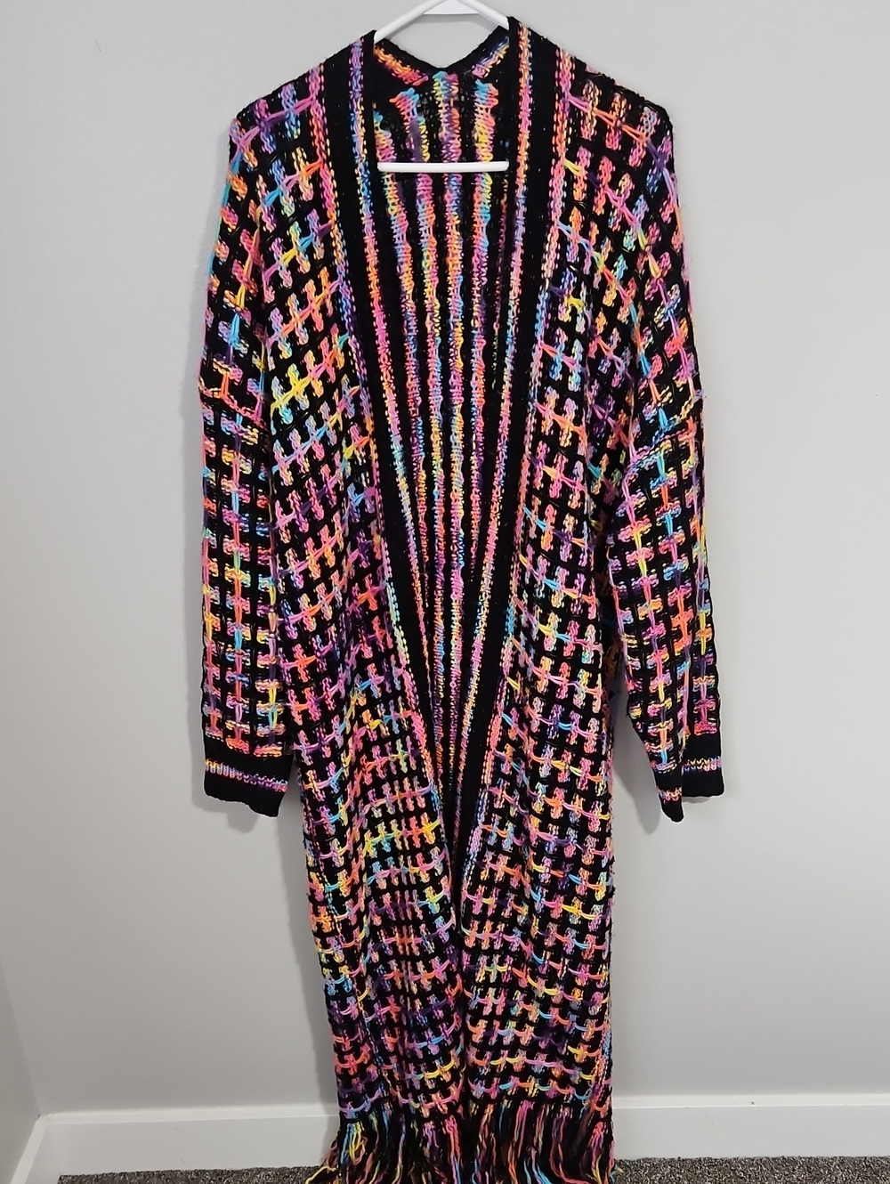 Long Open-Front Multicolor Fringe Cardigan - Black Base